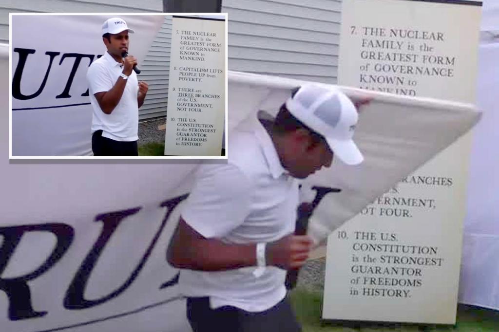 Vivek Ramaswamyâs âTruthâ sign topples on him during New Hampshire campaign event